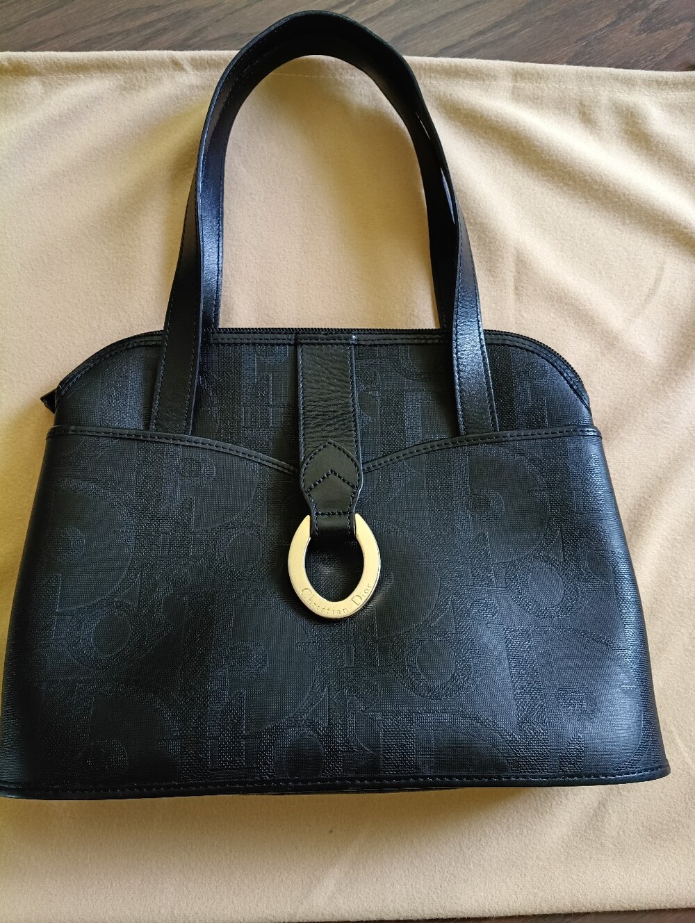 Christian Dior Trotter Black Structured Leather Tote with Gold Ring Accent